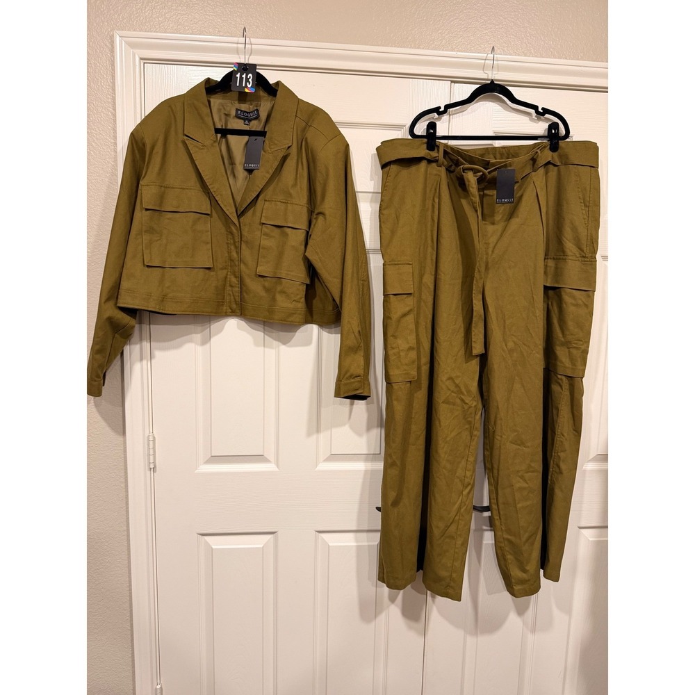 #113 ELOQUIl 2 Piece Set plus size 26 Olive Green NWT Cropped Jacket Cargo Pants